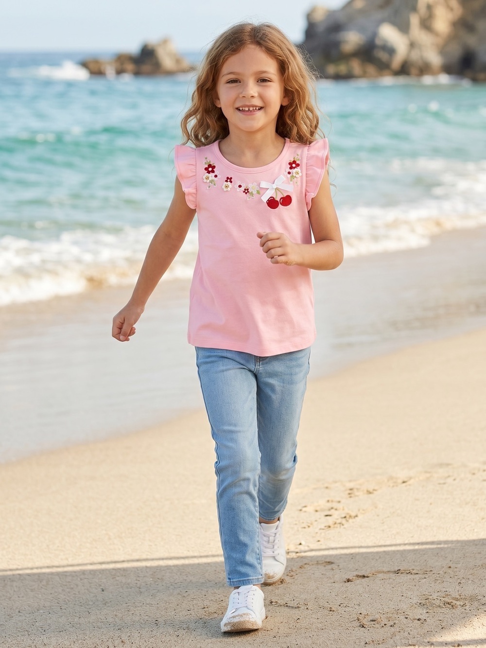 NWT New Gymboree Girls Embroidered Cherry Ruffle Top In Simple Pink Size 12
